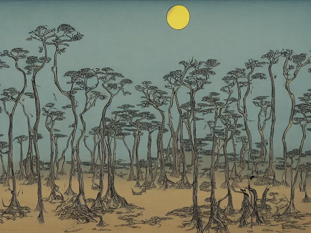 Prompt: Socotra island with baobab trees and sandstorm. Artwork by Yves Tanguy, Hiroshige