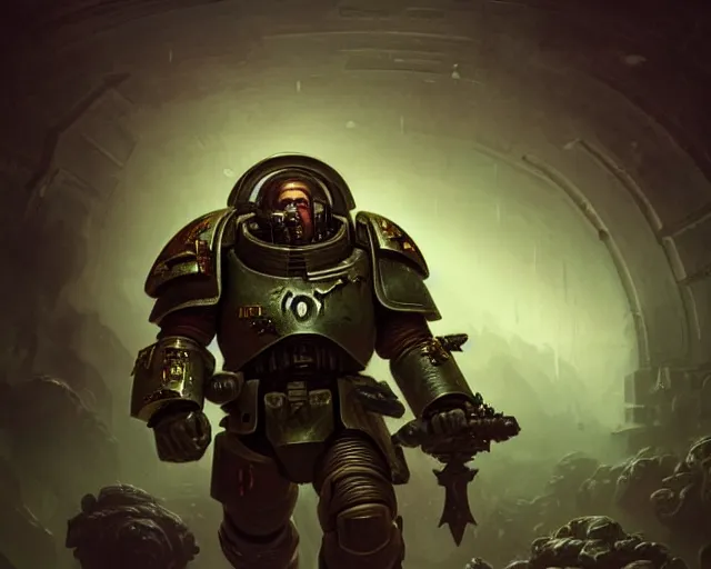 Image similar to 4 k cinematic still portrait of a space marine in a dark liminal space room, nurgle, deep focus, d & d, fantasy, intricate, repulsive, highly detailed, digital art, art station, concept art, matte, sharp focus, illustration, dark fantasy art, hearthstone, art by artgerm and greg rutkowski and alphonse mucha