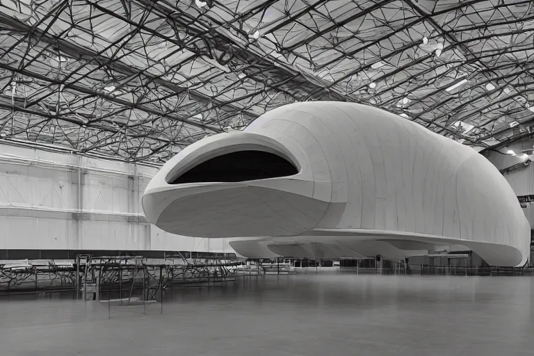 Prompt: a spaceship by Gurmukh Bhasin and Mikko Kinnunen, hangar