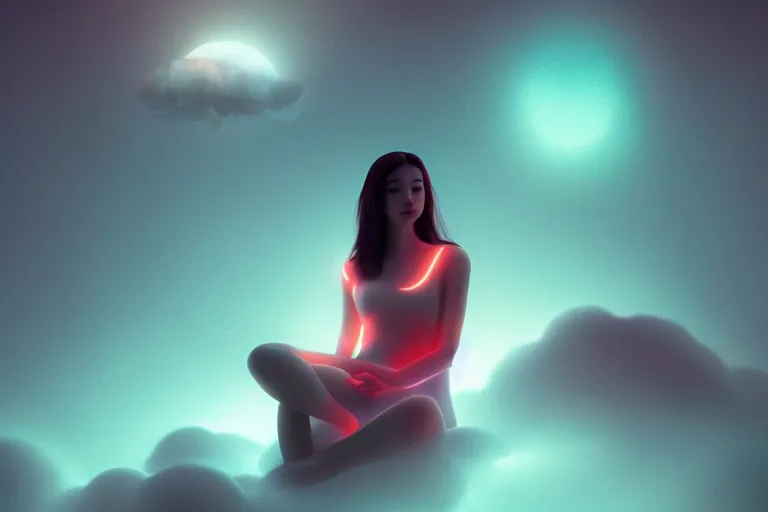 Image similar to a cute alien girl sitting on a cloud relaxing, misty, glows, digital art, hazy, foggy, red lighting, ambient lighting, 8 k,