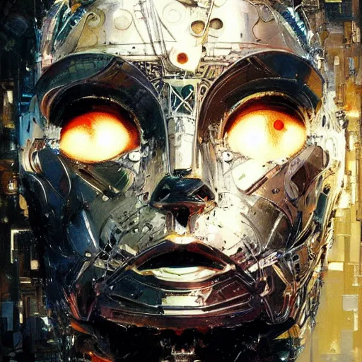 Image similar to an intricate, detailed face of an robot, metal skin with some scratches, dramatic lighting, sci-fi, trending on artstation, art nouveau, by John Berkey