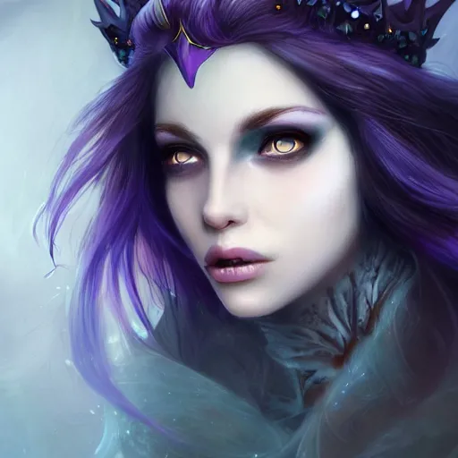 Prompt: detailed portrait of a dark fairy queen, crown, wings, teeth, realism, pale blue, emerald, sapphire,dark purple crown,leaves, moonlit, dark fantasy, dramatic lighting, cgsociety, artstation