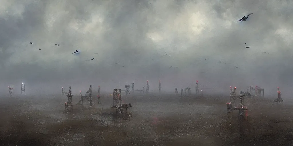 Prompt: stormy, misty skies, a flock of birds hover over a huge oil platform on the prairie, by craig mullins