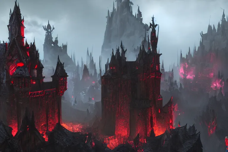 Image similar to big evil castle - city rock dark shadow elves, might and magic heroes vii, dark fantasy, shadows, artstation trending, unreal engine 5, red