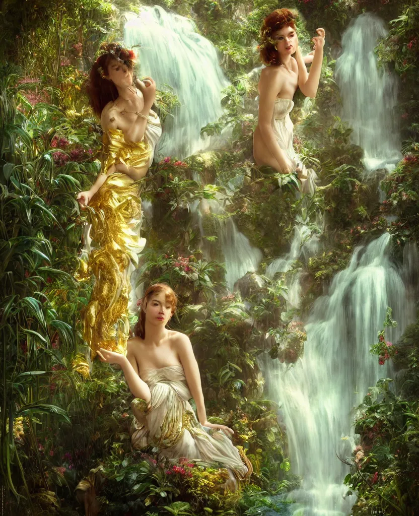 Image similar to hyper realistic photographer looking through a vintage medium format camera, magic pouring from lens, fantasy castle, full body waterfall dress, design on white background, beautiful details, lush foliage cyberpunk, gold, drawn by john singer sargent, tom bagshaw, norman rockwell, alphonso mucha, lolish, trending on artstation