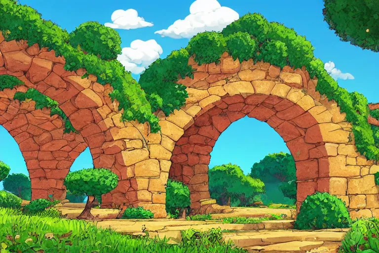 Prompt: natural stone arches with bushes, sunny day, long shot, digital art, in the style of studio ghibli, vivid colors, highly detailed, 8 k, establishing shot, smooth, trending on artstation, illustration, flat colors