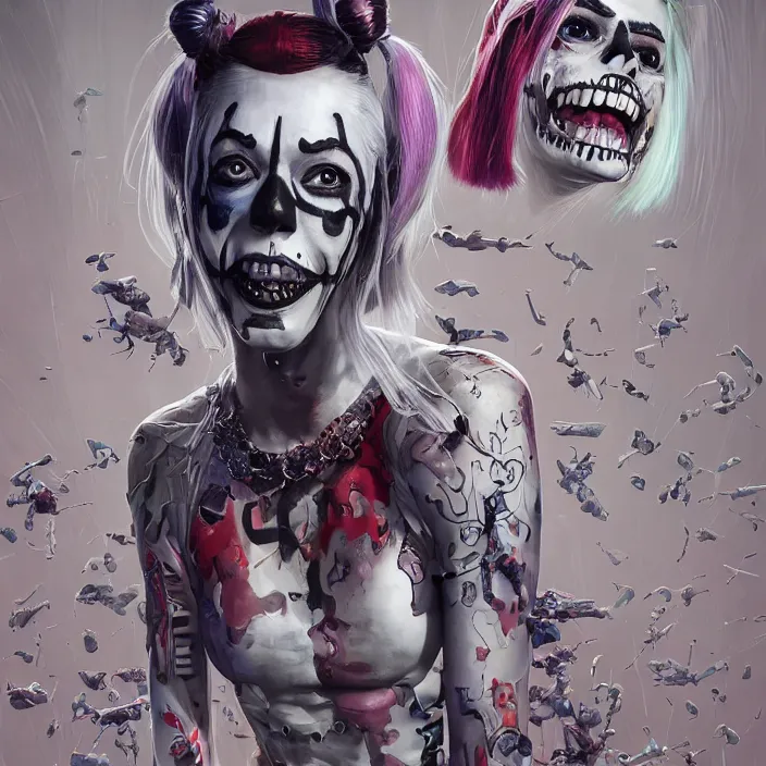 Image similar to portrait of Harley Quinn as a skeleton. intricate abstract. intricate artwork. nightmare fuel. by Tooth Wu, wlop, beeple, dan mumford. octane render, trending on artstation, greg rutkowski very coherent symmetrical artwork. cinematic, hyper realism, high detail, octane render, 8k, iridescent accents