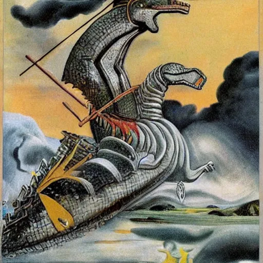Prompt: atilla the hun riding a spinosaurus running away from a tornado, in the style of Salvador Dali