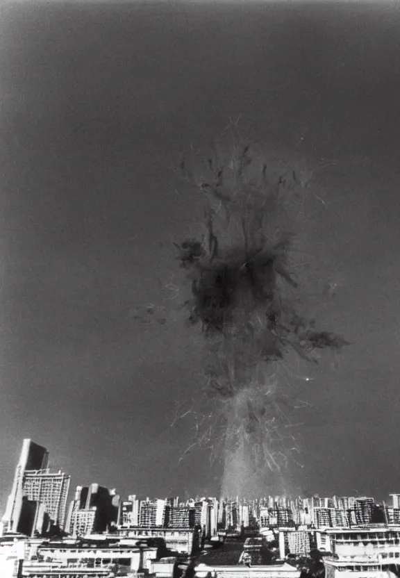 Image similar to Pulgasari the North Korean starfish monster destroying Pyongyang city, volumetric lighting, filmstill, produced by Kim Jong-il, Kodachrome, kaiju-eiga, monster movie, communist propaganda, film noir, 35mm film grain, Cooke Varotal 20-100mm T3.1, monochrome, in the style of Ishirō Honda and Akira Kurosawa