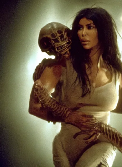 Image similar to movie still of kim kardashian swallowed by alien face hugger, in the movie alien. cinematic full shot.