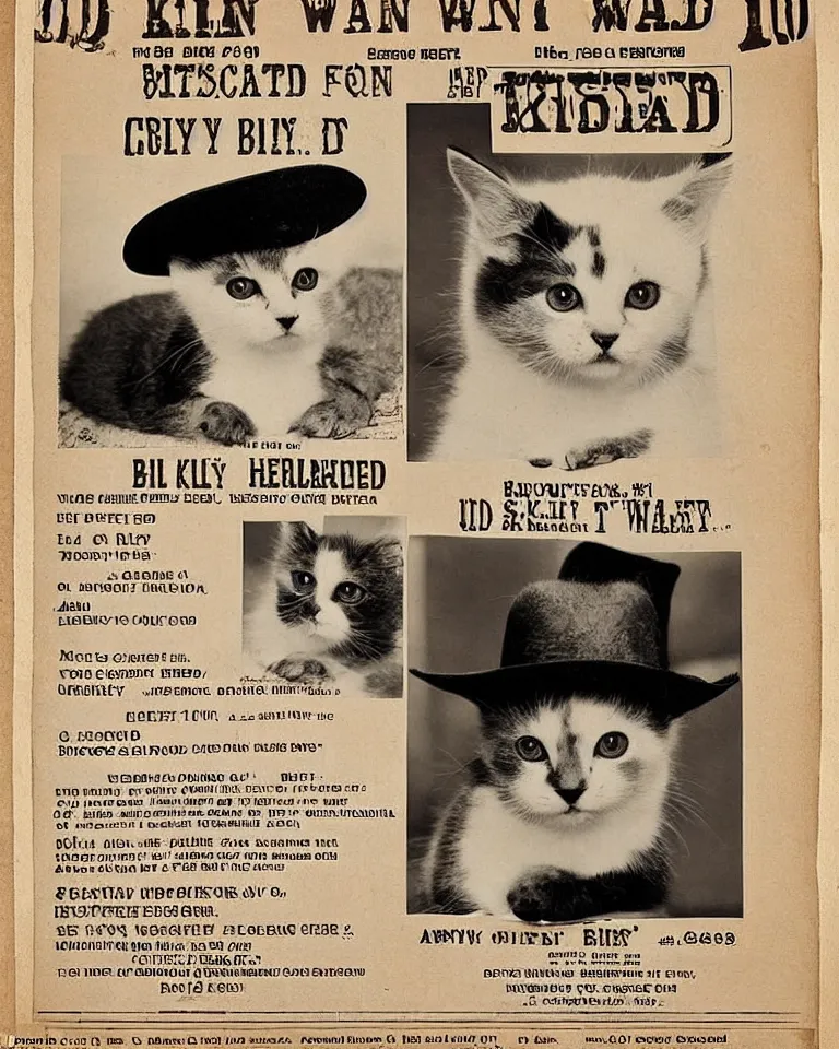 Prompt: 1880s wanted poster, kitten named Billy the Kit in a cowboy hat, titled Wanted $1000 Reward