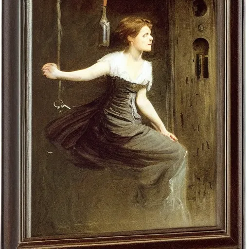 Image similar to young victorian woman escaping a dungeon, by alfred stevens