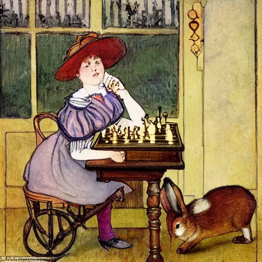 Image similar to a young edwardian woman playing chess against a rabbit, in the style of Carl Larsson