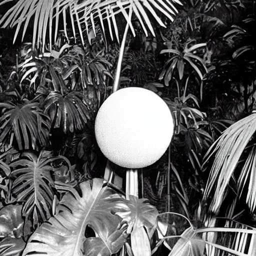 Image similar to a rizom lost film footage of a ( ( ( ( ( ( ( ( sphere ) ) ) ) ) ) ) ) in the middle of the tropical jungle / tropicalism / tropicalism / tropicalism / film still / cinematic / enhanced / 1 9 2 0 s / black and white / grain