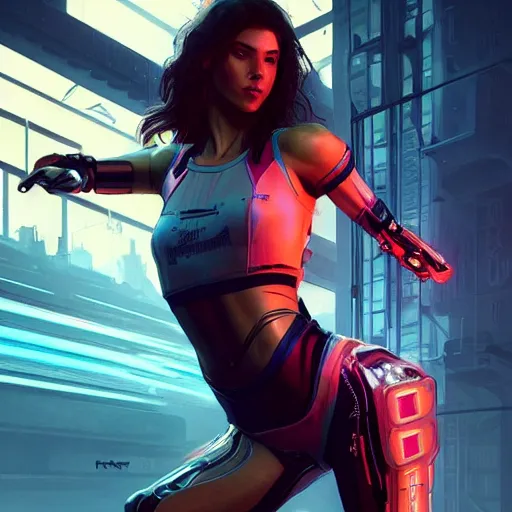 Image similar to an athletic humanoid girl, cyberpunk 2070, synthwave, highly detailed, digital painting, artstation, concept art, sharp focus, illustration, art by artgerm and greg rutkowski and alphonse mucha