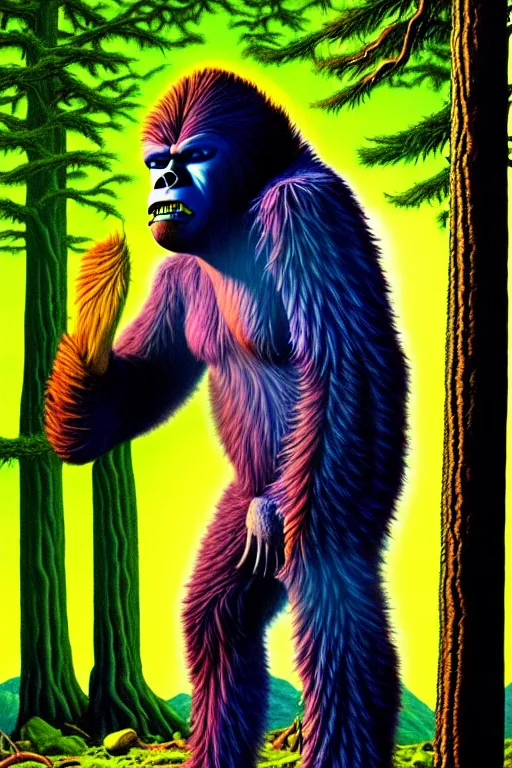 Prompt: a hyperrealistic painting of a bigfoot outside of camping tent, cinematic horror by jimmy alonzo, the art of skinner, chris cunningham, lisa frank, richard corben, highly detailed, vivid color,