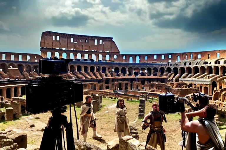 Image similar to vfx film, on set, on location, big production, roman extras, roman army, colosseum, outdoor, behind the scenes, film production, making of, flat color profile low - key lighting award winning photography arri alexa cinematography, hyper real photorealistic cinematic beautiful, atmospheric cool colorgrade