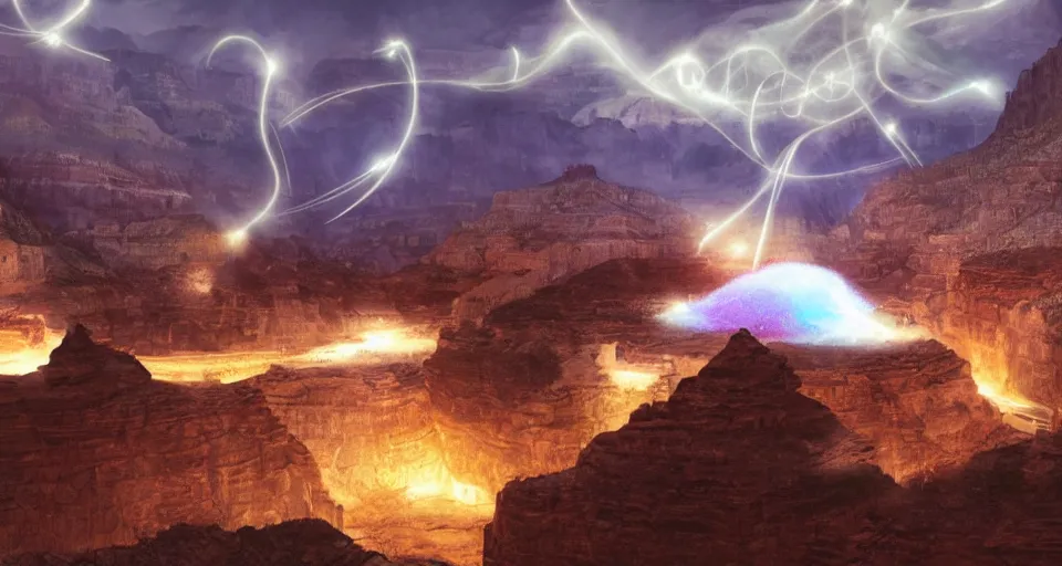 Image similar to night, a lot of people and a spiral - shaped white luminous attractor is floating in grand canyon, concept art, art for the game, professional lighting, art