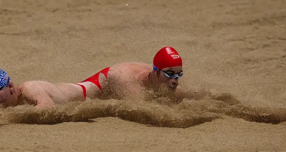 Image similar to olympic swimming in sand instead of water, extremely coherent, motion blur