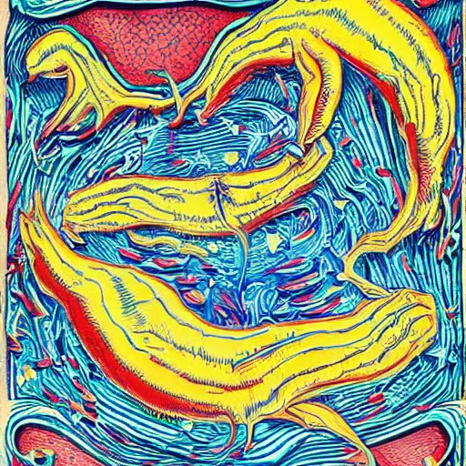 Image similar to by tony diterlizzi expressive, hyperdetailed woodcut. a body art of a swimming pool with a big splash in the center. the colors are very bright & the body art is very eye - catching.