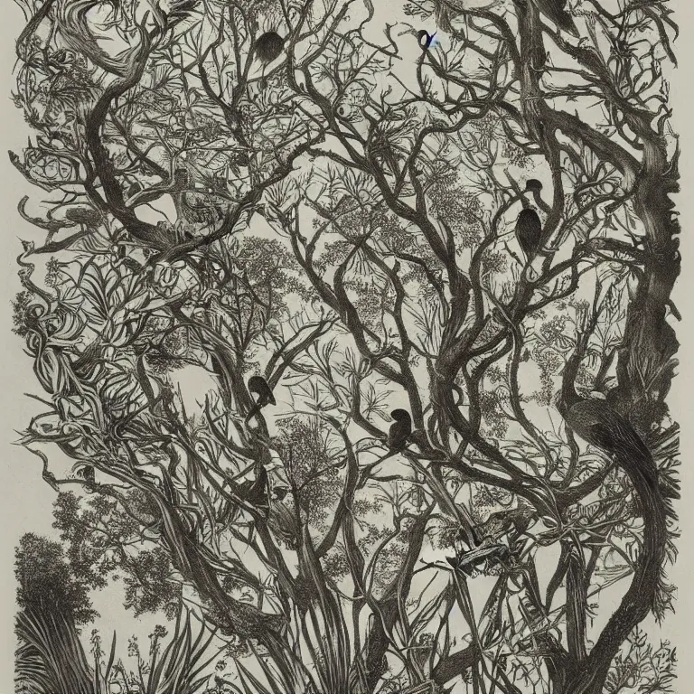 Image similar to mysterious forest with birds, by ernst haeckel :: pyrography :: very beautiful! dreamy, poetic, melancholy