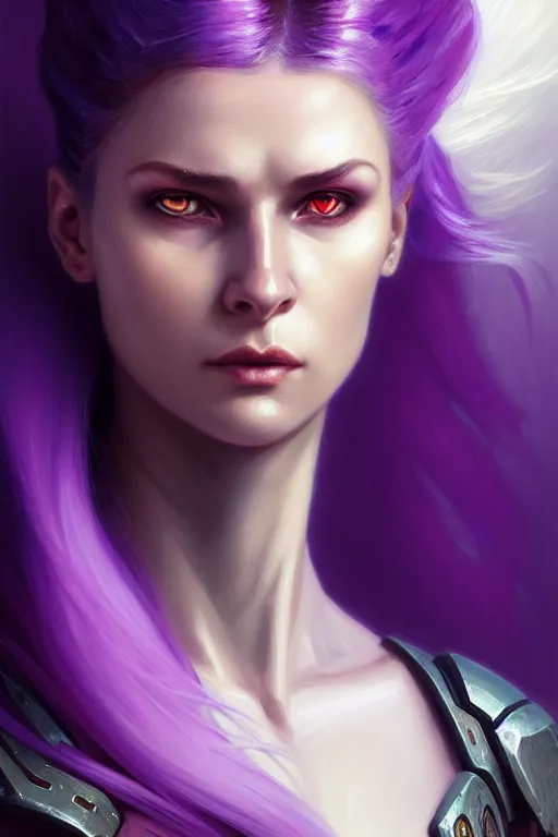 Image similar to alexey gurylev, close up portrait, pale woman in sci - fi armor with purple ponytail hair, mysterious, deep focus, d & d, complex, elegant, highly detailed, digital painting, artstation, concept art, matte, clear focus, illustration, hearthstone, artgerm art, greg rutkovsky and alphonse mucha