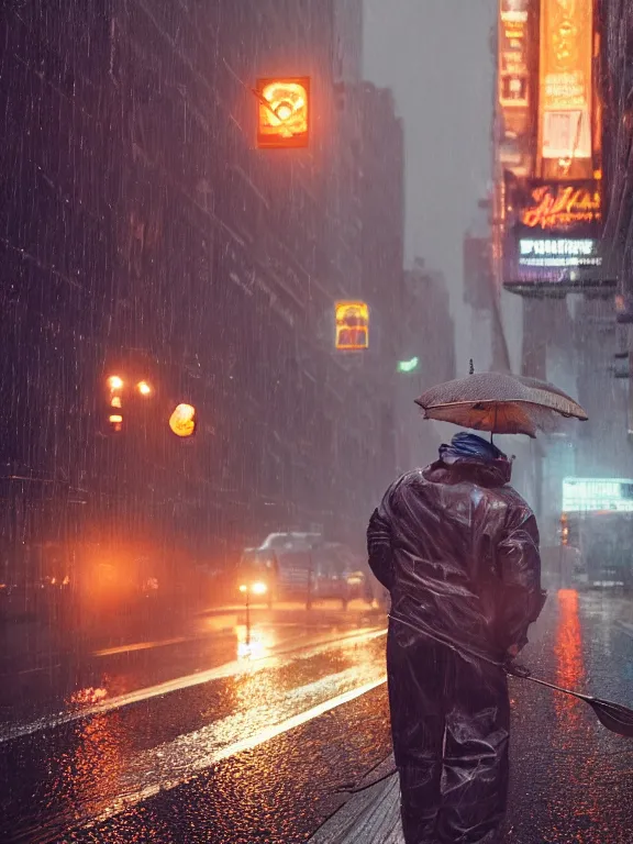 Image similar to portrait art of fishermen in a rainy new york street 8k ultra realistic , lens flare, atmosphere, glow, detailed,intricate, full of colour, cinematic lighting, trending on artstation, 4k, hyperrealistic, focused, extreme details,unreal engine 5, cinematic, masterpiece