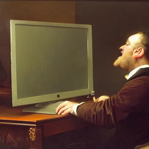 Image similar to an angry man yells at his computer monitor, oil on canvas, 1 8 8 3, highly detailed, high resolution