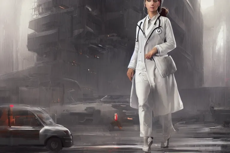 Image similar to a poster of emergency room, an elegant and beautiful female doctor in a white coat, cinematic, highly detailed, digital painting, artstation, concept art, matte, sharp focus, illustration, industrial light, art by artgerm and greg rutkowski