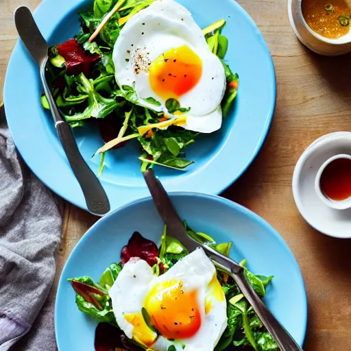 Prompt: poached eggs, salad, and spices