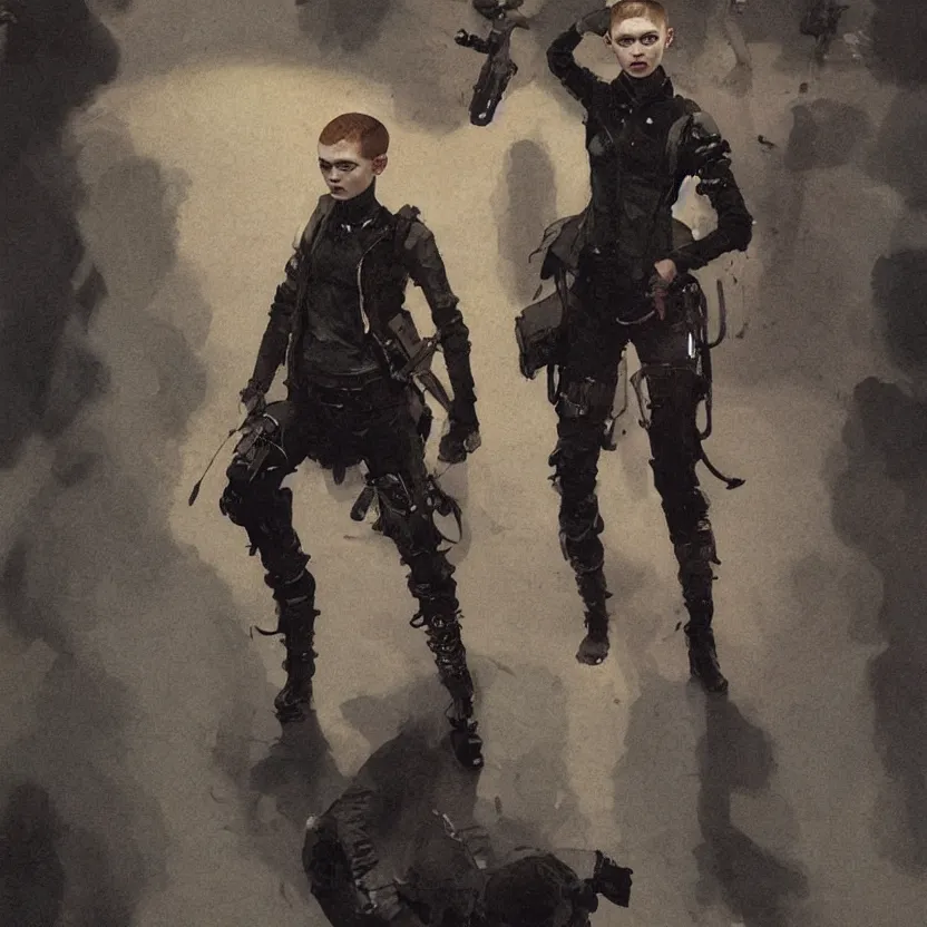 Prompt: sadie sink dressed as anarchist buzzcut revolutionary leader : costume design concept art for a scifi cyberpunk film. by greg rutkowski, john j. park, jason chan, noah bradley, feng zhu, gintas galvanauskas, gustave courbet, rosa bonheur, edward hopper. sharp focus, cinematic atmosphere, detailed and intricate, perfect anatomy