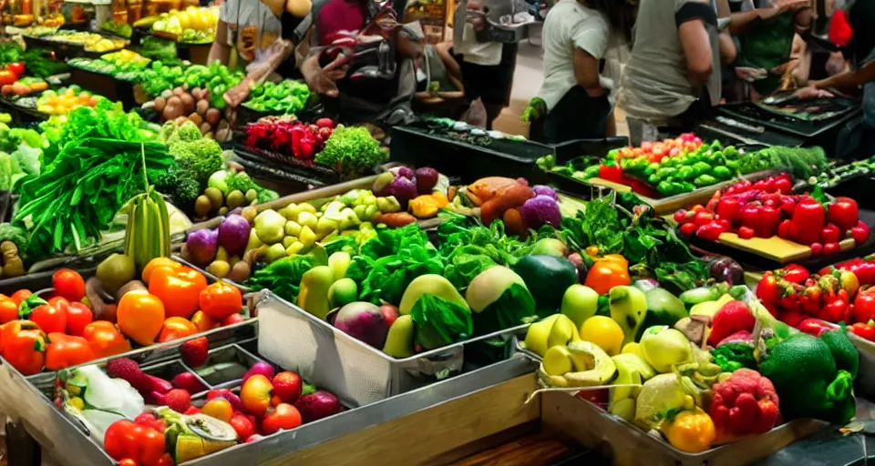 Image similar to film still of fresh fruits and vegetables making beats on fl studio