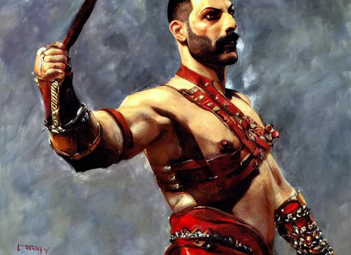 Image similar to a highly detailed beautiful portrait of freddie mercury as kratos, by gregory manchess, james gurney, james jean