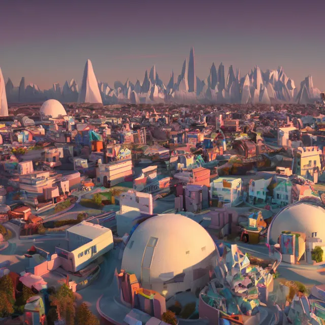 Image similar to new england futuristic fantasy city with a giant ice cream mountain range in the background, chimneys on buildings, colorful ice cream, light cinematic, otherworldly, volumetric, realistic, cinematic lighting, ray tracing, unreal engine 5, unreal engine render, octane render, hyper realistic, photo, 8 k