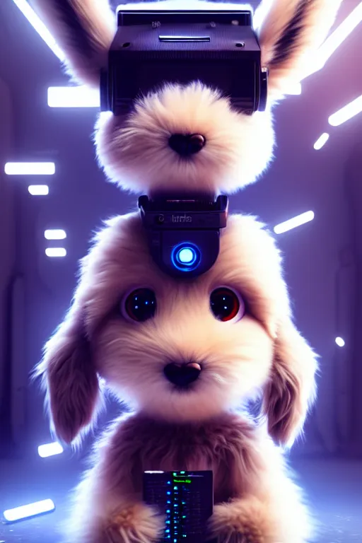 Image similar to high quality 3 d render very cute fluffy cyborg!! dog plays synthesizer, cyberpunk highly detailed, unreal engine cinematic smooth, in the style of blade runner & detective pikachu, hannah yata charlie immer, moody light, low angle, uhd 8 k, sharp focus