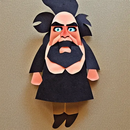 Prompt: cut paper sculpture of grumpy dwarf