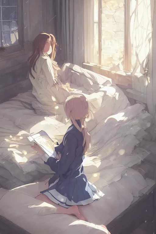 Image similar to a digital painting of a girl in a jk uniform outfit in the bedroom reading a book in a night, raining outside the window, dark and grey theme ， wavy white long hair, by krenz cushart and mucha and akihito yoshida and greg rutkowski and makoto shinkai, detailed eyes, 4 k resolution 、 trending on art station