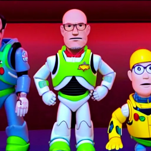 Prompt: walter white and jesse wearing lab gear in toy story