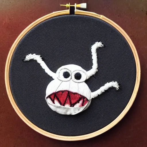 Prompt: a spooky handmade embroidery of a scary spider. hand embroidery., barn find