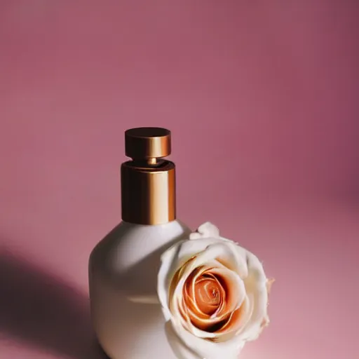 Image similar to perfume bottle sitting on a white surface surrounded by a plethora peach colored roses, bright white realistic, up close shot, white background, zen, light, modern minimalist f 2 0