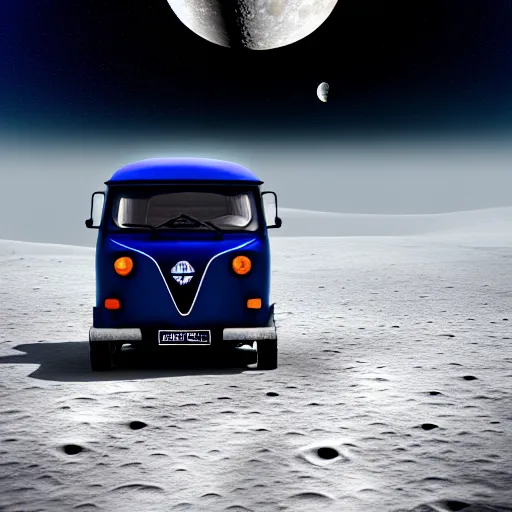 Image similar to a dark blue tuk tuk traveling on the surface of the moon, moon craters, black sky, hard science fiction, milky way, moon, matte painting, concept art, 4k