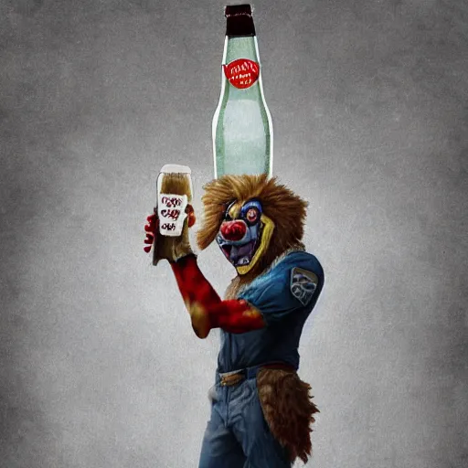 Image similar to a humanoid german shepherd beast - man in clown style, holding a bottle of beer, artstation, concept art, smooth, sharp foccus ilustration, artstation