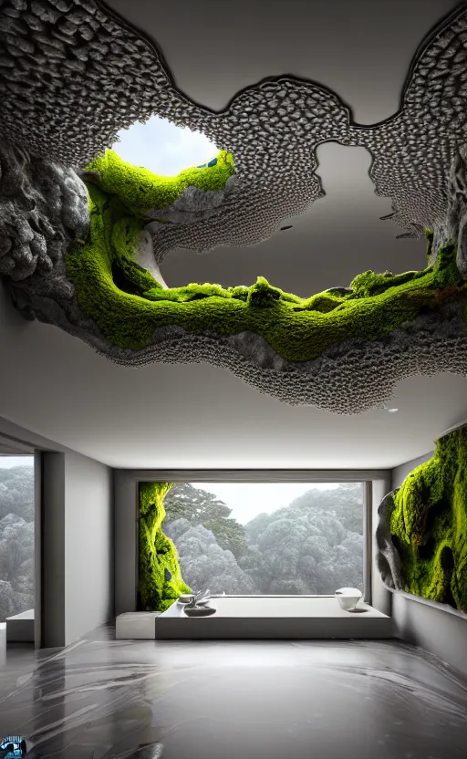 Prompt: highly detailed ultra sharp villa natural light interior soft cinematic composition of a smooth ceramic porcelain biomorphic magnolia stone nebula fluid fractal sci - fi surreal architecture landscape, granite, metallic, marble, moss, lichen, corals, vincent callebaut composition, mamou - mani, archviz, beautiful lighting, 8 k, unreal engine