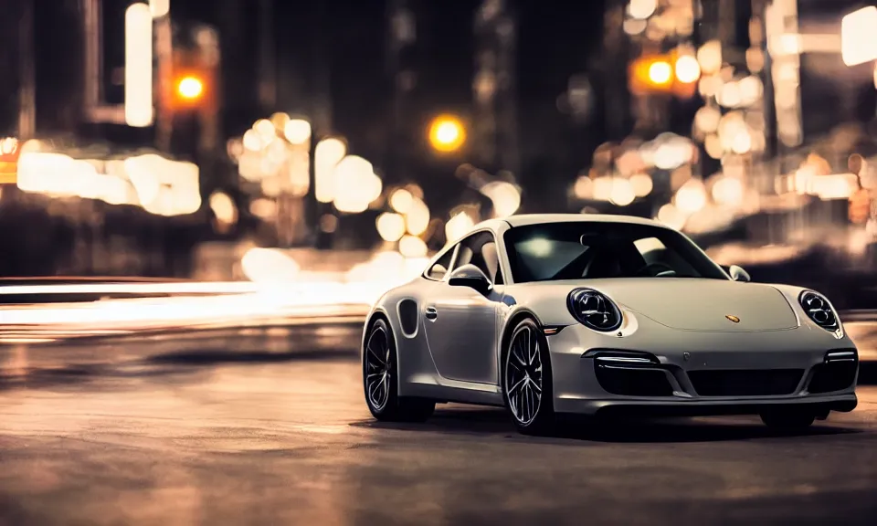 Image similar to photo of a porsche 911 at night driving fast through a city, cinematic, 4k, long exposure photography, tokyo drift, fast and furious, film still, night photography, motion blur, lens flare, movie shot, light trail