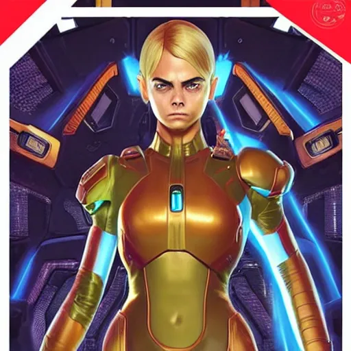 Image similar to Symmetric movie poster of Cara delevingne as Samus Aran , Marviel Style cover art, ultra wide lens shot,cinematic lighting, beautiful,art by Artgerm and Greg Rutkowski and Alphonse Mucha