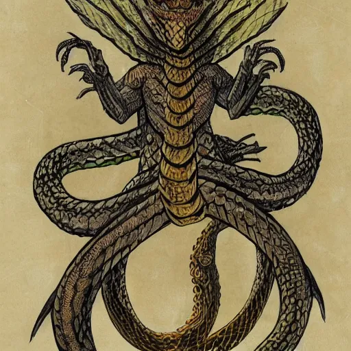 Prompt: an amalgamation of a snake, lizard, and humanoid with one angelic wing and one demonic wing with it's arms crossed in a dungeon