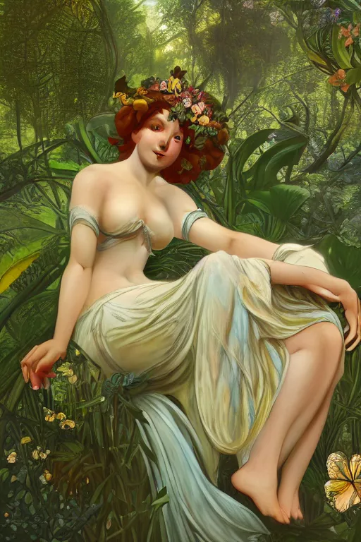 Image similar to Curvaceous fairy goddess sitting on a vivid flower in a lush green forest, Mark Arian and Alphonse Mucha, highly detailed, intricate, dynamic lighting, octane render, 8k