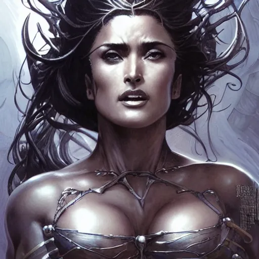 Image similar to muscular beautiful salma hayek wearing silver armor tombow artwork uta natsume , lucas graciano, greg staples ,jean-sebastien rossbach , christophe young , eytan zana , rumiko takahashi