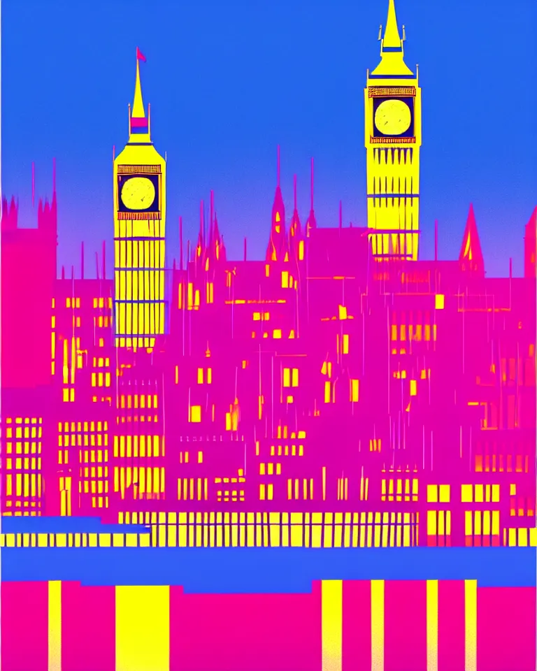 Image similar to city of london, london bridge, big ben, bright colors, in the style of hiroshi nagai, very detailed