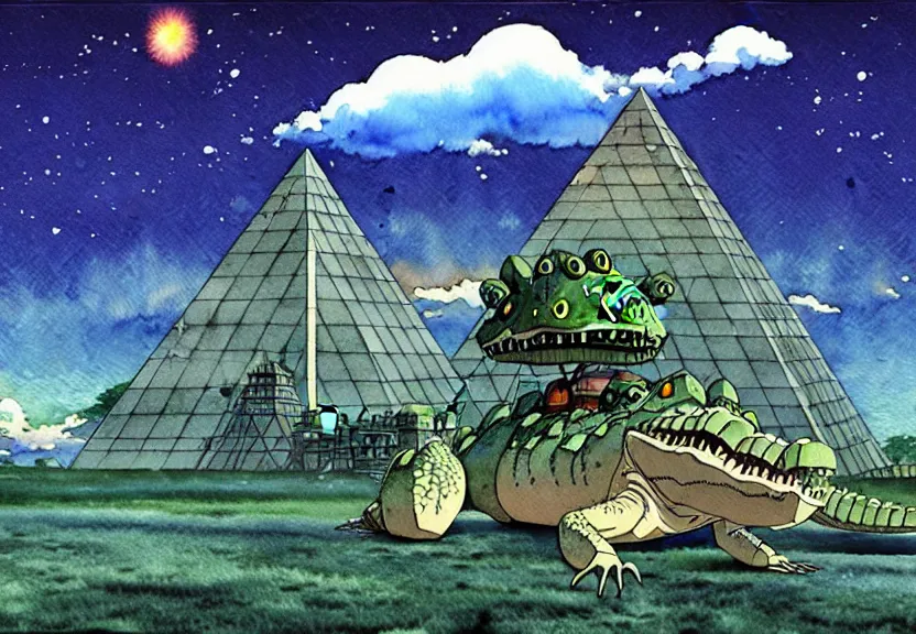 Image similar to a hyperrealist watercolor concept art from a studio ghibli film showing a giant mechanized crocodile from howl's moving castle ( 2 0 0 4 ). a pyramid is under construction in the background, in the rainforest on a misty and starry night. a ufo is in the sky. very dull muted colors. by studio ghibli